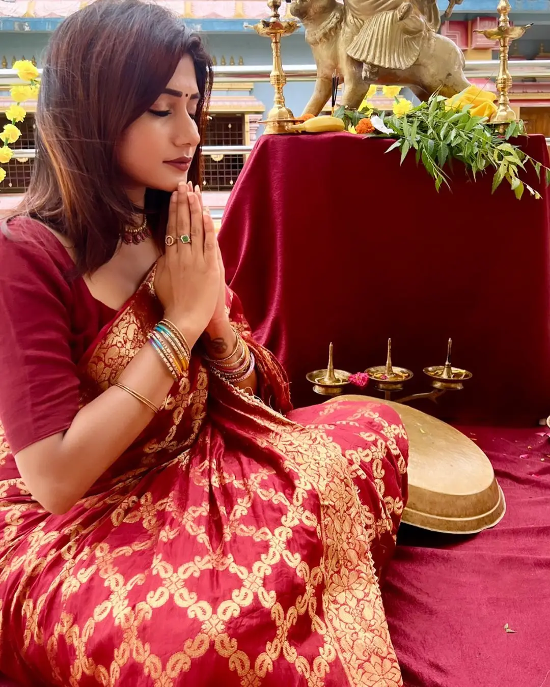 Vasanthi Krishnan Wearing Traditional Red Saree Blouse